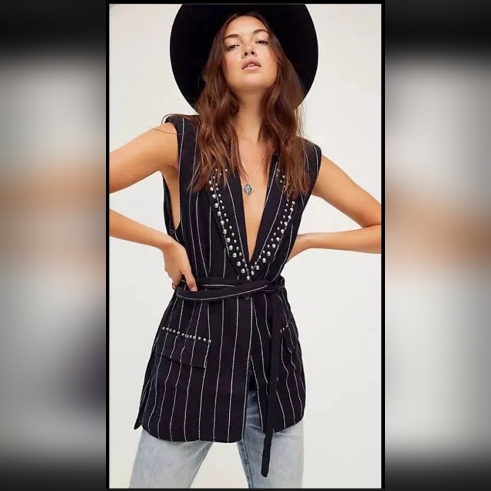 We The Free Pinstripe Linen Blend Vest with Studded Trim